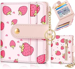 Pegmode Wallet Women Slim Cute Leather Thin Bifold Small Wallet Purse Ladies Teen Girl Female Medium Aesthetic Kawaii Strawberry Tiny Simple Girly Unique Pretty Modern Credit Card Holder Keychain Rfid