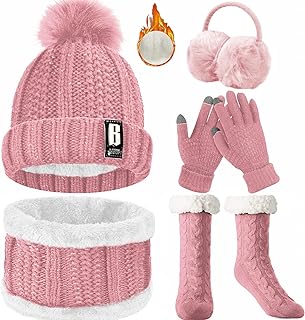 KASTWAVE 5PCS Womens Winter Scarf Set Knitted Thickend Hat Scarf Set Plush Ear warmers Touch Screen Gloves Thermal Socks For Skiing Outdoor Sports, Pink