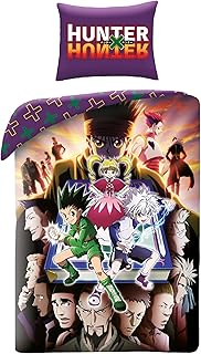 Halantex Hunter X Hunter Bed Set – Gon Killua Kurapika – Reversible Duvet Cover 140 x 200 cm and Pillowcase 70 x 90 cm – Multicoloured – 100% Cotton