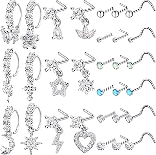 Trnayi 30 Pcs 20g Dangle Nose Rings Hoops l Shaped Dangling Nose Piercings Jewelry for Women Cute Nose Ring Stud Hoop Indian Nose Screw Surgical Steel Nose Ring with Charm