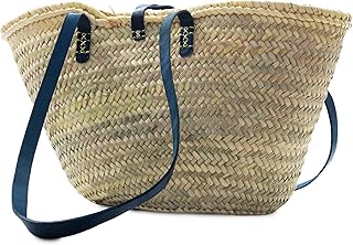 Solart Organic Classic Lola Wicker Basket Bag – Handmade in Barcelona, Spain – Large Palma Tote with Reinforced Leather Strap & Blue Fabric Lining – Perfect for Women’s Fashion, Shopping, Picnic,