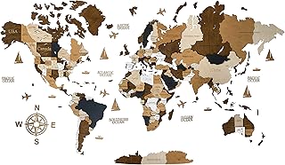 لوحة فنية جدارية كبيرة من الخشب بتصميم خريطة العالم 3 دي- مقاس (M وL وXL) فكرة هدية لاي مناسبة - لوحة فنية جدارية للمنزل او المطبخ او المكتب (مقاس L (160 × 85 سم)، بني)
