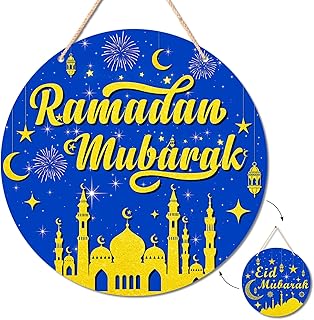 Uflashmi Ramadan Mubarak Door Sign, Wooden Ramadan Eid Mubarak Sign for Wall Decor, Ramadan Door Decorations for Home, 11 Inch, Double-sided