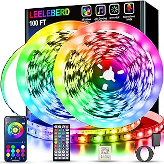 شريط اضاءة LED لغرفة النوم 100 قدم لفتان بطول 50 مزامنة الموسيقى تغيير اللون RGB مع جهاز تحكم عن بعد عبر التطبيق بلوتوث مصابيح من ليليبيرد متعددة