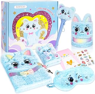 Cat Diary with Lock Gifts Girls Toy for Age 6 7 8-12 Plush Journal Notebook Pen Holder Ballpoint Eye Mask Birthday Gift Idea Toys for Teen Girl 6-12 Years Old