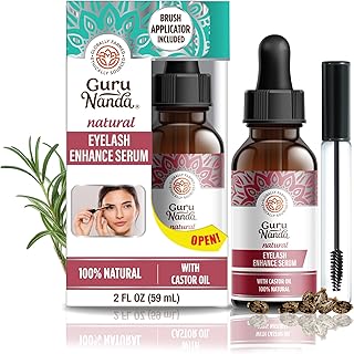 GuruNanda Natural Castor Oil Eyelash Enhance Serum with Rosemary Oil - With Brush Applicator, Helps Eyebrows & Beards for Natural Hair Growth, 2 Fl Oz