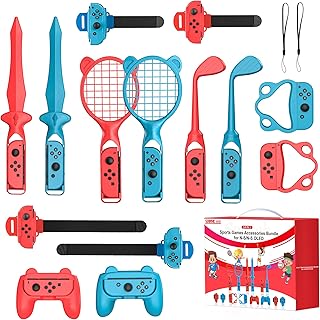 Switch Sports Accessories Bundle, 14 in 1 Sports Accessories Kit for Nintendo Switch/Switch OLED, Family Accessories Bundle Kit for Switch Sports Games with Golf Clubs, Tennis Rackets, Swords