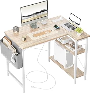 TIQLAB L Shaped Computer Desk with Power Outlets, 40 Inch Small Corner Desk with Reversible Shelves, Gaming Desk Computer Table Study Writing Table for Home Office Bedroom Small Space, Maple