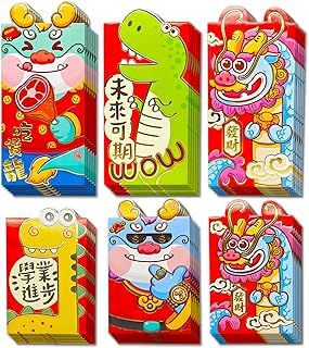 qiyeyeye 36Pcs Chinese Red Envelopes,2024 Lunar New Year Cartoon Dragon Dinosaur Foldable Red Packet For Kids 2Size Luxurious Colorful Lucky Money Cash Hongbao Spring Festival Birthday Wedding Supply