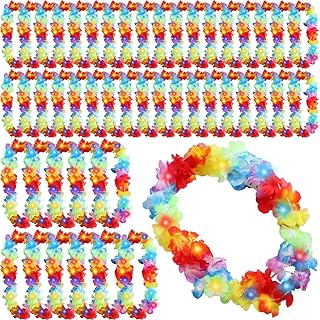 48 Pcs LED Hawaiian Leis Light Up Flower Leis Necklace Rainbow Flower with LED Lights Luau Leis Flowers Necklaces for Masquerade Beach Wedding Tropical Themed Carnival Party Supplies (Rainbow)