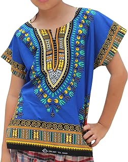 قميص RaanPahMuang للأطفال من الجنسين مطبوع عليه Dashiki الأفريقي من القطن الناعم بنسبة 100%، أكمام قصيرة، بطول 10-12 عامًا