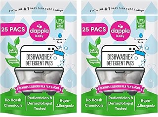 دابل اكياس منظفات لغسالة الصحون من باكس بيبي، 25 قطعة (عبوة من قطعتين) خالية من العطور وخالية من العطور ولا تسبب الحساسية - تزيل بقايا الحليب والروائح الكريهة - الاطباق وزجاجات الاطفال وادوات المطبخ