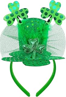 Bnikion St. Patrick's Day Headband with Glitter Shamrock, Green Mini Top Hat with Tulle Veil, Party Accessory