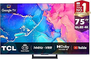 تلفاز تي سي ال 75 انش شاشة QLED 4K HDR بتقنية دولبي فيجن وجوجل وMEMC وتردد 120 هرتز ومعالج في ار - 75C635 (موديل 2022)، أسود