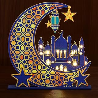 مصباح ليلي بتصميم رمضان مبارك من الخشب ثلاثي الابعاد على شكل نجمة وقمر باضاءة LED، مصباح مسجد هدية للمسلمين، رمضان، ديكور حائط اسلامي قطعة مركزية للطاولة، متعدد الألوان