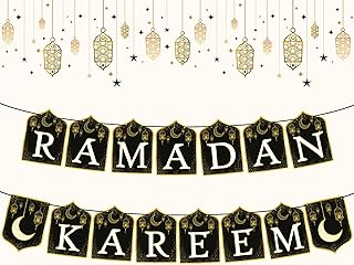 لافتة تحمل عبارة رمضان كريم ورسوم اقمار ونجوم لزينة رمضان بطول 10 قدم ولا تحتاج لتصميمها بنفسك، كبيرة وباللونين الاسود والابيض، زينة للترحيب بشهر رمضان المبارك في المنزل، زينة للعيد