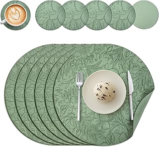 Round Placemats and Coasters Set of 6, Floral Leather Table Place Mats 34cm Dual Sided Placemats Non-Slip Heat Resistant Placemats Kitchen Coffee Table Mats Washable (Green)