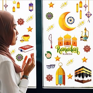 ملصقات نافذة رمضان، ملصقات نافذة زينة رمضان، ملصقات نوافذ، لوازم الحفلات، ملصقات مقصوصة لشهر رمضان للنافذة (8 ورقات)