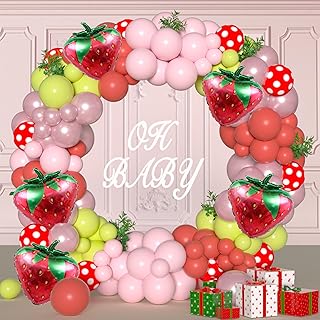 185Pcs Strawberry Balloon Arch Party Decoration Balloon Garland Kit Red Pink Balloons with Strawberry Balloons for for Sweet One Berry First Birthday