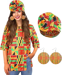 Women 3/4 Sleeve Henley T Shirts African Print Loose Fit Tunic Tops Casual Crew Neck Traditional Dashiki Shirts