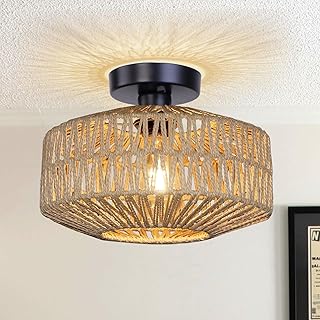 KMaiPem Boho Rattan Ceiling Light Living Room, 1 Light Small Ceiling Lamp, Natural Farmhouse Chandelier for Kitchen, Entrance