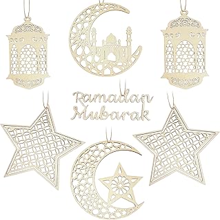 زينة معلقة بتصميم عبارة «Ramadan Mubarak» مكونة من 7 قطع، لافتة خشبية معلقة مع حبال لتزيين الغرفة المنزلية، فوانيس نجمية وقمر مجوفة ثلاثية الابعاد لتزيين حفلات الفطر الاسلامية