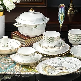 Bone China Dinner Set, Porcelain White Dinnerware Kitchen Dinning Round Tableware Combination Set with Cereal Bowls Dessert Plates and Soup Plates (42 Pieces Service for 6 People)