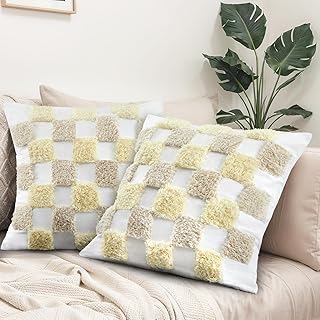 CroBlissful 2 Pack Boho Farmhouse Tufted Woven Pillow Covers Beige Buffalo Check Pillow Covers 18 x 18 Inches Gingham French Country Decorative Pillow Covers for Sofa, Living Room, Bedroom