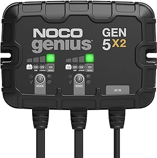 NOCO Genius GEN5X2 ، 2-Bank ، 10-Amp (5-Amp لكل بنك) شاحن بحري ذكي أوتوماتيكي بالكامل ، شاحن بطارية 12 فولت ، جهاز صيانة البطارية ومزيل كبريتات البطارية مع تعويض درجة الحرارة