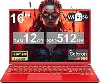 لابتوب نوتود 16 انش 12GB RAM 512GB روم 2.5 1TB SSD ويندوز 11 مع وحدة معالجة مركزية رباعية النواة N5095 حتى 2.9 GHz 1920×1200 واي فاي 5G بلوتوث ملصق كيبورد الماني احمر