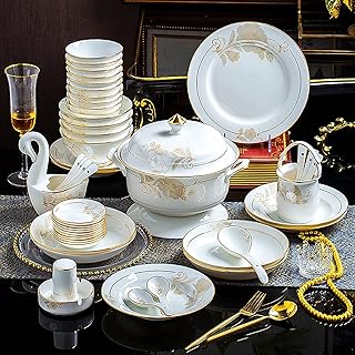 70 pcs.,ockery Set for 10 People, White Porcelain Kitchen Bone China Dinner Combination Set with Cereal Bowls Dessert Plate Crockery and Soup Plate Dinner Plate and Soup Pot with Gold Rim