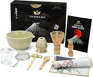 10 PCS Matcha Whisk Set - 15 OZ Matcha Bowl with Spout and Whisk Holder & Measuring Cup - Bamboo Matcha Scoop and Spoon - Stainless Steel Sifter - Cleaning Brush - Matcha Kit for Japanese Tea Ceremony