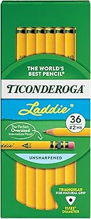 تيكونديروجا اقلام رصاص ثلاثية الكتابة من لادي، مغلفة بالخشب #2 اتش بي ناعم، حجم متوسط مثلث مع ممحاة، اصفر، عبوة من 36 قطعة (13042)