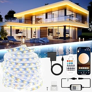 شريط LED خارجي بطول 20 متر ابيض دافئ الى بارد قابل للتعتيم مقاوم للماء بتصنيف IP67 لمقاومة المياه والغبار مع تطبيق ذكي وجهاز تحكم عن بعد 24 فولت ذاتي اللصق للمطبخ والجناح من تينديست