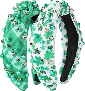 2 Pack St. Patrick's Day Headband for Women Clover Print Pearl Rhinestone Crystal Jeweled Embellished Ladies Wide Top Knot Green White Makeup Hair Hoop Accessory Holiday Party Costume Decor Gifts