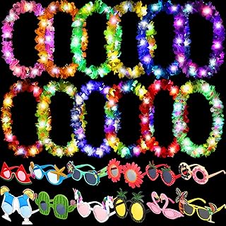 Sherr 24 Pcs LED Hawaiian Party Supplies 12 Light up Hawaiian Leis and 12 Hawaiian Sunglasses Summer Tropical Party Favors for Beach (Colorful)