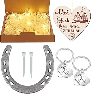 Jostift Horseshoe Decoration Set, Lucky Charm Gift with Horseshoe Nails + Key Ring + Wooden Lucky Charm + LED Light, Housewarming Gifts House Flat Set for Wedding, Birthday, Topping-Out Party