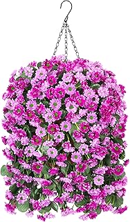 Hanging baskets Artificial flowers for outdoor interior decor, artificial daisies flowers shrubs flowers plants with baskets for home porch garden patio patio Spring Summer decoration(Double Lotus)