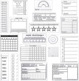 زونون 18 قطعة من طوابع المجلات الشفافة، 4 ورقات استنسل سيليكون للتخطيط والتقويم وتواريخ الاسبوع والشهر وافكار المهام والحرف اليدوية ومستلزمات سجل القصاصات