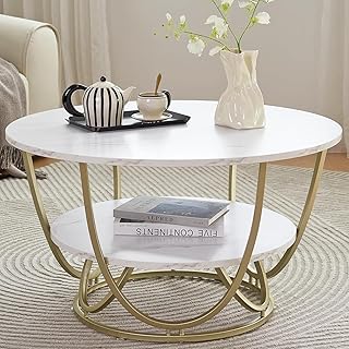 EDEUEQUE Round Coffee Table Corner for Small Space Modern Furniture Living Room End Side Table Night Stand for Bed Room Dining Room Center Table for Office Balcony White and Golden