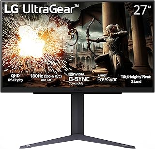 LG شاشة العاب 27GS75Q-B 27 انش الترا جير QHD 2560x1440 180Hz O / C 200Hz 1 مللي ثانية IPS متوافقة مع انفيديا جي سينك AMD فري HDR10 حامل امالة الارتفاع المحور HDMI منفذ عرض اسود من ال، من ال جي