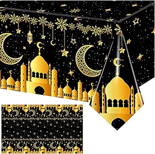 مفرش طاولة بتصميم عيد مبارك ورمضان كريم من هاي لاند - اغطية طاولة بلاستيكية للاستعمال مرة واحدة للطاولات المستطيلة مقاس 130 × 220 سم - مفارش زينة لطاولة العشاء والافطار في رمضان، أسود