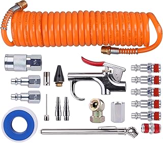 دبليو واي ان ان سكاي مجموعة ملحقات الهواء ان بي تي 1/4 انش - 20 قطعة، مجموعة ادوات خرطوم ضاغط الهواء مع خرطوم ملفوف من البولي يوريثين/مسدس نفخ/مقياس الاطارات/حقيبة تخزين