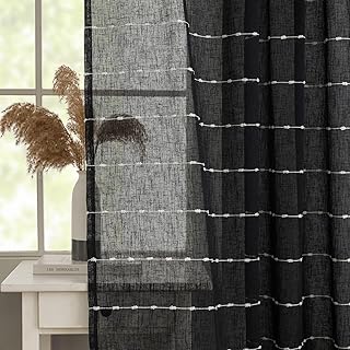 Black Sheer Curtains 63 inch Length 2 Panels Faux Linen Pinstripe Boho Farmhouse Curtains for Bedroom Living Room Light Filtering Minimalist Semi-Sheer Drapes Halloween Room Decor 52"W x 63"L