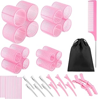 4 Sizes Self Grip Hair Rollers Set, 16 Pink Hair Rollers for Women with 17 Hair Clips Hair Pad Rat Tail Comb, Hair Rollers Curlers for Volume Long Medium Short Hair