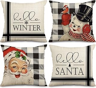 AnyDesign Christmas Pillow Covers Christmas Santa Claus Snowman Throw Pillow Case Hello Winter Holiday Cushion Cover Seasonal Cushion Case for Home Couch Sofa, 18 x 18 Inch, Set of 4