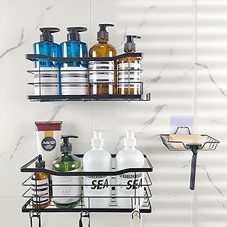 zui zhan Black Shower Caddy 3 Pack, Shower Shelf No Drill Large Capacity, Adhesive Kitchen Bathroom Shower Basket Storage Rack with Soap Holder