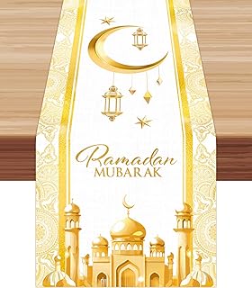 OTTPOOM Ramadan Table Runner Gold Ramadan Mubarak Table Runners Linen Ramadan Table Runner for Home Party Table Decorations 13 X 72 Inch