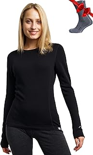 Merinotech Merino طبقة أساسية من الصوف بنسبة 100% صوف ميرينو خفيف الوزن قمصان حرارية طويلة الأكمام + جوارب صوف للنساء