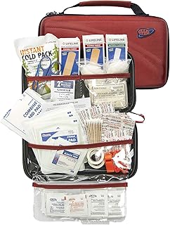 LIFELINE-4180 AAA 121 Piece Road Trip First Aid Kit packaged in compact hard shell foam carry case, ideal for emergency use in cars, camping, hiking, or offices alike- Red